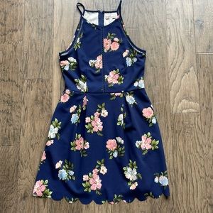 Girls Floral Skater Dress with Scolloped Hemline